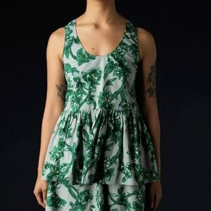 Caron Callahan Green Gray Floral Print Boho Romantic Cottagecore Blouse Size XS